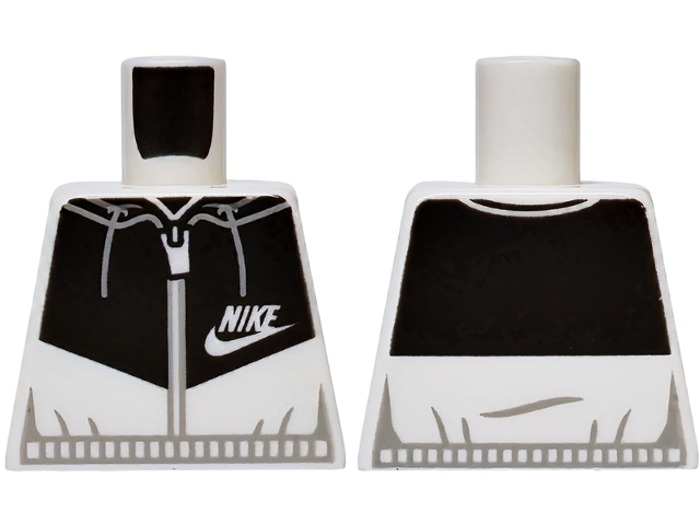 Lego Torso Hoodie with Zipper and Nike Swoosh Logo on Black Panel, Light Bluish Gray Drawstrings and Hem Pattern / White
