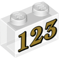 Lego Brick 1 x 2 with Gold '123' Print / Trans-Clear