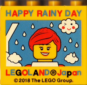 Lego Brick 2 x 4 x 3 with LEGOLAND Japan, 'HAPPY RAINY DAY', Female Minifigure, and Winking Cloud Pattern