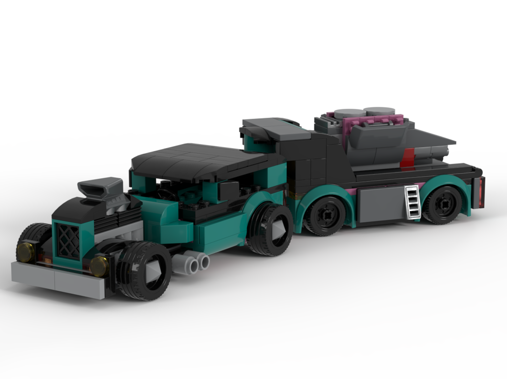 Lego Hot Rod and trailer which carries a V8 engine