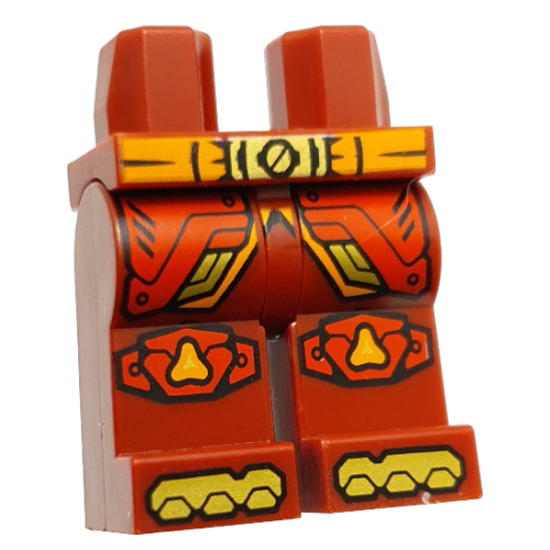 Lego Hips and Dark Red Legs with Orange Belt, Gold Belt Buckle, Red Robe Ends, Knee Pads, Gold Toes print