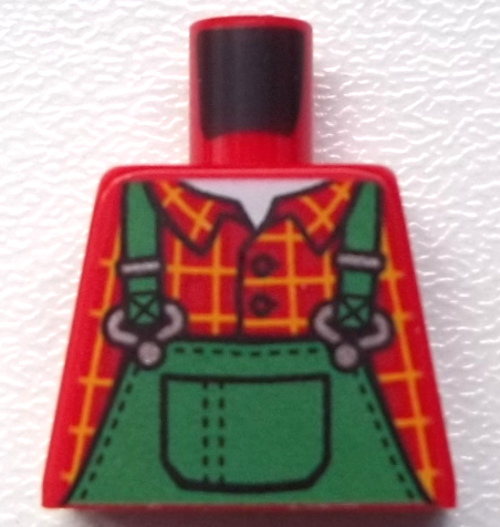 Lego Torso Overalls Green, Bright Light Orange Windowpane Check Shirt, White Undershirt Pattern / Red