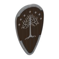 Lego Shield Ovoid with Silver Tree, Stars on Dark Brown Wood Print
