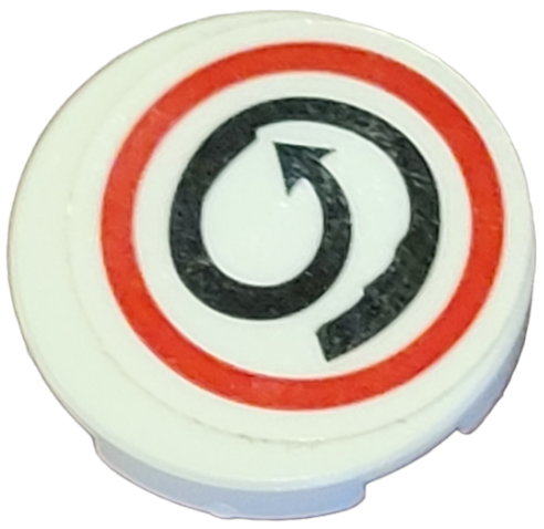 Lego Tile, Round 2 x 2 with Bottom Stud Holder with Black Spiral Arrow in Red Circle Pattern (Sticker) - Set 75824