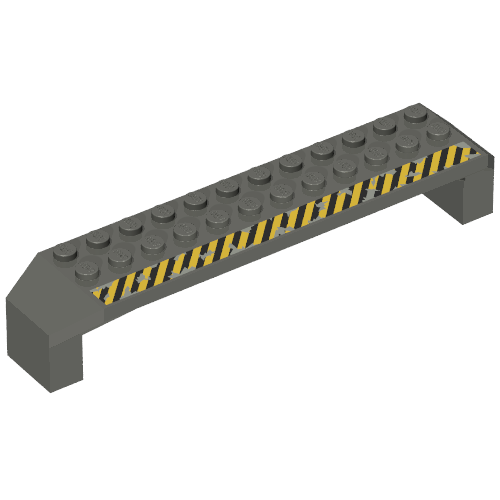 Lego Brick Arch 2 x 14 x 2 1/3 with Black and Yellow Stripes on Top Print / Dark Gray
