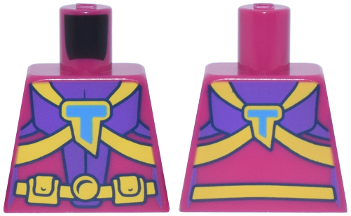 Lego Torso Female Flight Suit with Dark Purple Panels, Yellow Harness Straps with Dark Azure Capital Letter T, Utility Belt with Pouches Pattern / Magenta