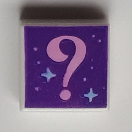 Lego Tile 1 x 1 with Bright Pink '?' Question Mark, Dark Purple Background Print / White