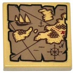 Lego Tile 2 x 2 with Map Islands, Anchor and Ship Pattern (Sticker) - Set 79008 / Tan