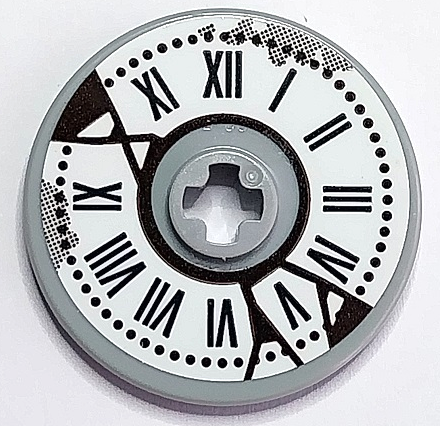 Lego Technic, Disk 3 x 3 with White Clock Face with Black Roman Numerals and Cracks Pattern (Sticker) - Set 70425 / Light Bluish Gray