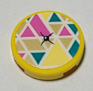 Lego Tile, Round 2 x 2 with Bottom Stud Holder with Cushion with Triangles and Button Pattern (Sticker) - Set 41392 / Yellow