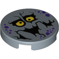Lego Tile Round 2 x 2 with Purple Rock Spots, Yellow Eyes with Pupils, Black Mouth, Big Blocky Teeth (Bouldron) Print
