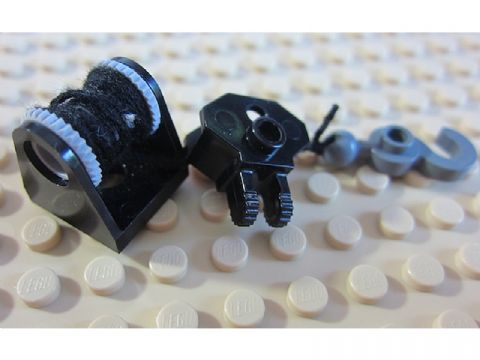 Lego String Reel 2 x 2 Holder with Light Bluish Gray Drum with Black String Thin, Black Tow Ball Socket, and Dark Bluish Gray Hook with Tow Ball (2584 / 2585 / x77a / 30396 / 30395)