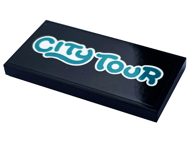 Lego Tile 2 x 4 with Dark Turquoise and White 'CITY TOUR' Pattern (Sticker) - Set 60407 / Black