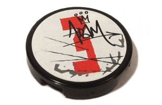 Lego Tile, Round 2 x 2 with Red Number 3, Dark Bluish Gray Splotches, and Black Scratches, Crown, and Graffiti 'ADaM' Pattern Model Left Side (Sticker) - Set 5973