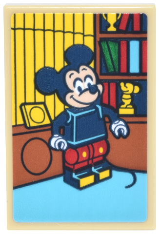 Lego Tile 2 x 3 with Picture of Mickey Mouse, Yellow Curtain,  Medium Azure Floor and Dark Orange Shelf with Books and Trophies Pattern (Sticker) - Set 43302 / Tan