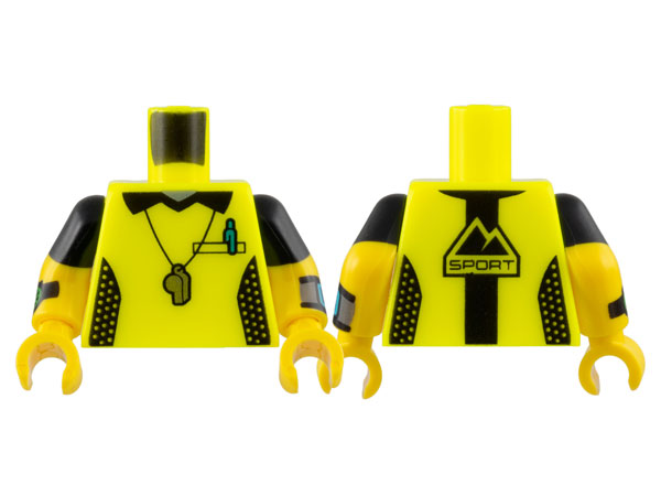 Lego Torso Shirt with Black Collar and Side Panels, Silver Whistle, Dark Turquoise Pen, 'SPORT' on Back Pattern / Yellow Arms with Black Short Sleeves, Watches Pattern / Yellow Hands