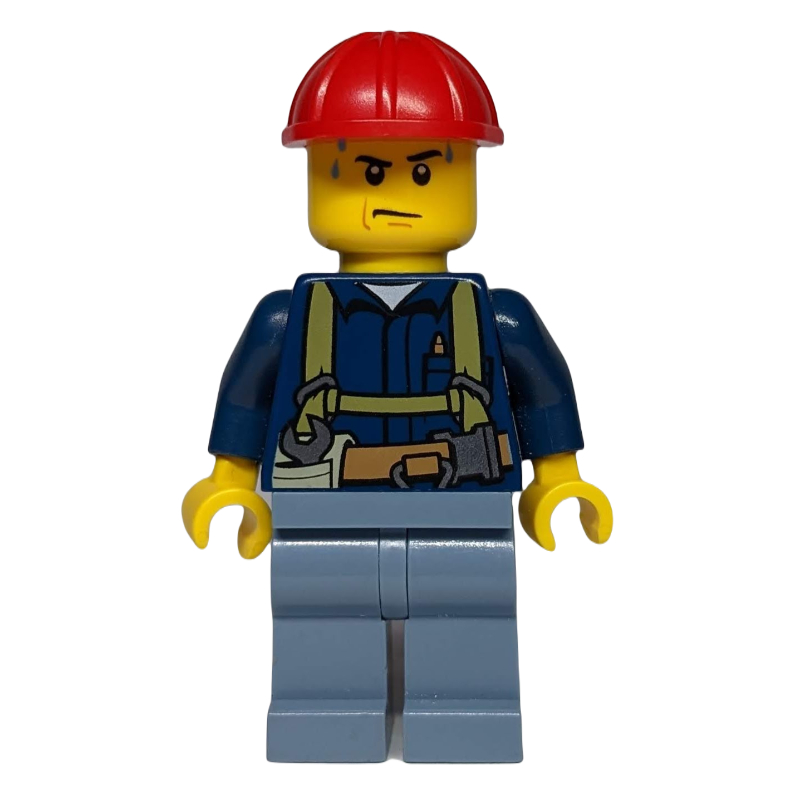 Lego Construction Worker, Dark Blue Shirt with Harness, Red Hard Hat, Sweat Drops