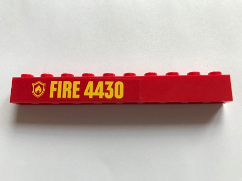 Lego Brick 1 x 10 with Yellow Fire Logo Badge and 'FIRE 4430' Pattern (Sticker) - Set 4430