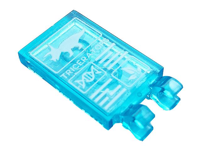 Lego Tile, Modified 2 x 3 with 2 Clips with Display with Plant, Dinosaur, DNA and 'TRICERATOPS' Pattern (Sticker) - Set 75937 / Trans-Light Blue