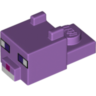Lego Animal Body Part, Cat Head 1 x 2 with Cube with Ears, Nose and Pixelated Face with Dark Purple Eyes and Magenta Nose Print / Medium Lavender