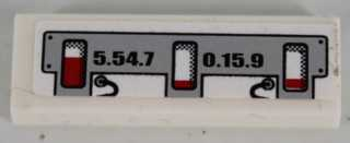 Lego Tile 1 x 3 with Black '5.54.7'and '0.15.9' and Red Level Indicators Pattern (Sticker) - Set 8864 / White