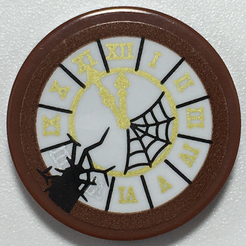 Lego Tile, Round 2 x 2 with Bottom Stud Holder with Clock with White Face, Gold Hands and Roman Numerals, Black Cobweb and Crack Pattern (Sticker) - Set 70430 / Reddish Brown