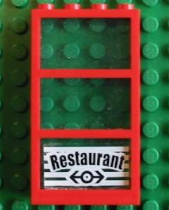 Lego Window 1 x 4 x 6 with 3 Panes with Fixed Trans-Light Blue Glass with Train Logo and Restaurant Pattern (Sticker) - Set 4556 / Red