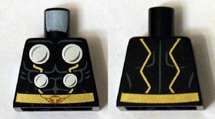 Lego Torso Super Hero Costume with 4 Silver Circles and Gold Belt with Capital Letter T, Dark Bluish Gray Muscles Outline Pattern / Black