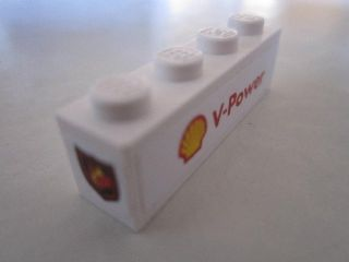 Lego Brick 1 x 4 with Fire Logo Badge on End and Shell Logo and 'V-Power' on White Background Pattern (Stickers) - Set 8673