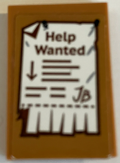 Lego Tile 2 x 3 with Bulletin Board / Pinboard with White 'Help Wanted' Poster, Arrow and 'JB' Pattern (Sticker) - Set 70425