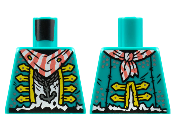 Lego Torso Vest with Yellow Trim, Coral and White Bandana, Silver Anchor Necklace, White Tattered Shirt Pattern / Dark Turquoise