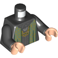 Lego Torso Dress, Sand Green with Dark Green Trim, Gold Necklace print, Black Arms, Light Nougat Hands / Black