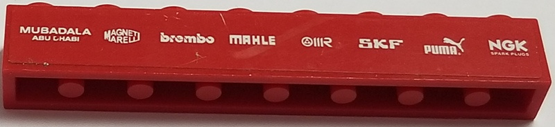 Lego Brick 1 x 8 with 'MUBADALA ABU DHABI', 'MAGNETI MARELLI', 'brembo', 'MAHLE', 'IIR', 'SKF', 'PUMA', 'NGK SPARK PLUGS' Pattern (Sticker) - Set 8185