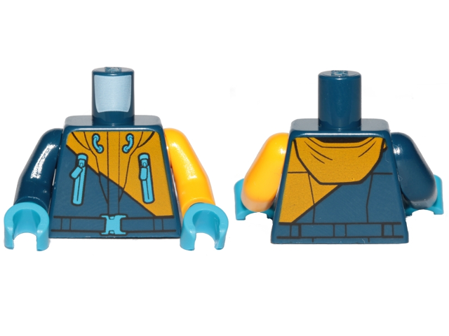 Lego Torso Hoodie Bright Light Orange Diagonal Half with Zipper Pockets Pattern / Bright Light Orange Arm Left / Dark Blue Arm Right / Dark Azure Hands