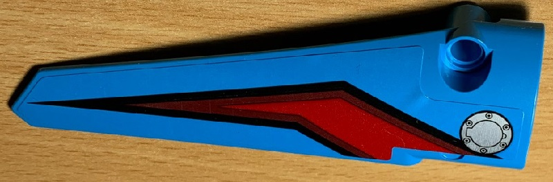 Lego Technic, Panel Fairing # 6 Long Smooth, Side B with Gas Hatch and Red, Dark Red and Black Lines Pattern (Sticker) - Set 42077 / Dark Azure