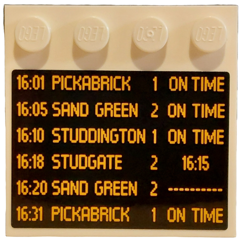 Lego Tile, Modified 4 x 4 with Studs on Edge with Black and Bright Light Orange Train Arrivals Schedule Pattern (Sticker) - Set 910034 / White