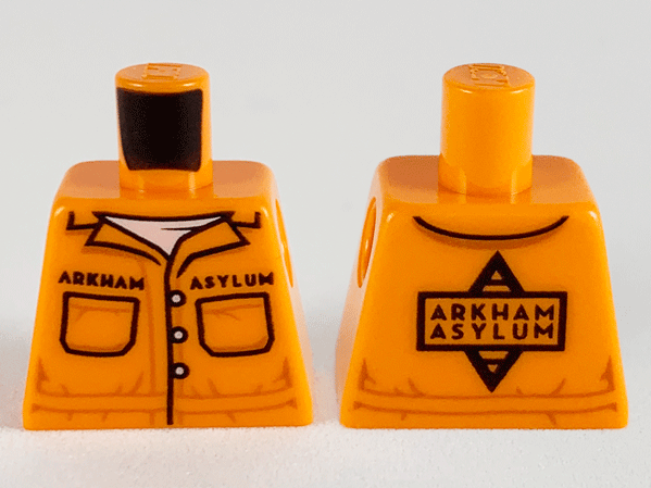 Lego Torso Prison Jumpsuit, White Undershirt, Black 'ARKHAM ASYLUM' Front and Back Pattern / Orange