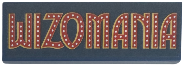 Lego Tile 2 x 6 with Dark Red and Gold 'WIZOMANIA' with White Dots Pattern (Sticker) - Set 75684 / Dark Blue