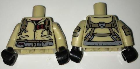 Lego Torso Ghostbusters Jumpsuit with 'R.S.' ID Badge and Straps on Reverse Pattern / Tan Arms with Ghostbusters Pattern / Black Hands