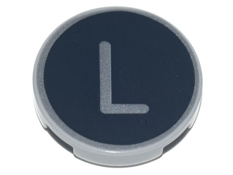 Lego Tile, Round 2 x 2 with Bottom Stud Holder with Silver Capital Letter L on Black Background Pattern