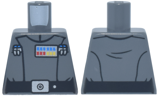 Lego Torso SW Imperial Officer 21, Black Belt with Silver Buckle and Dot, Blue, Red and Yellow Rank Badge, 4 Code Cylinders, Folds on Back Pattern (Grand Moff Tarkin) / Dark Bluish Gray