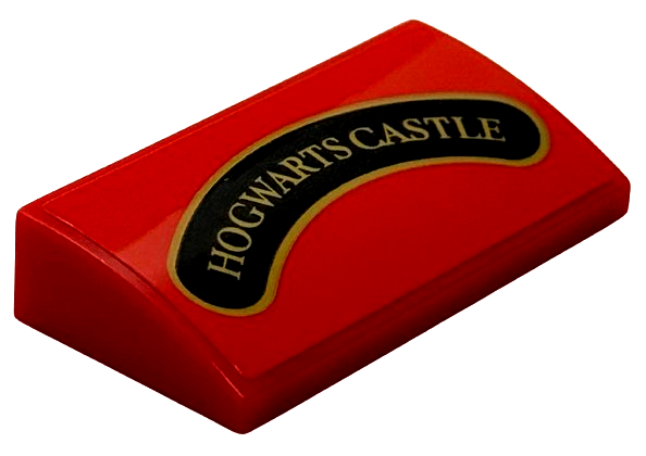 Lego Slope, Curved 2 x 4 x 2/3 with Bottom Tubes with Gold 'HOGWARTS CASTLE' and Border on Curved Black Background Pattern (Sticker) - Set 76450