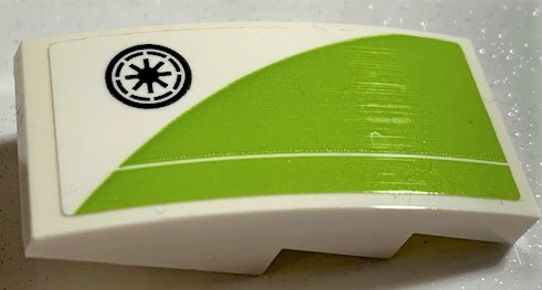Lego Slope, Curved 4 x 2 with SW Galactic Republic Logo and Lime Curve Pattern Model Right Side (Sticker) - Set 75191 / White