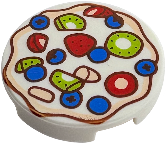 Lego Tile, Round 2 x 2 with Bottom Stud Holder with Red Strawberries, Blue Blueberries and Lime Kiwi Fruit Slices Pattern