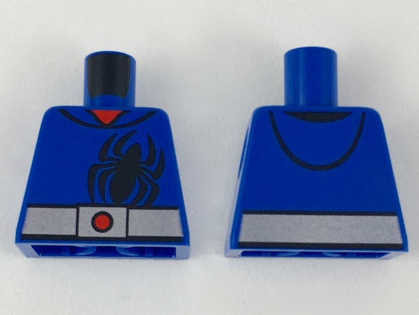 Lego Torso Hoodie with Large Black Spider over Red Shirt, Wide Silver Belt Simple with Dot on Buckle Pattern / Blue