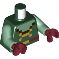 Lego Torso, Pixelated Sand Green Collar, Dark Brown Trim, Gold Laces, Dark Red Belt Print, Sand Green Arms, Dark Red Hands / Dark Green