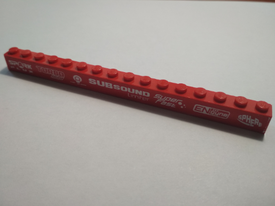 Lego Brick 1 x 16 with 'SPARK PLUX', 'TURBO load', 'car glass', 'SUBSOUND Limiter', 'Super Fast', 'ENgyne' and 'SPHERE' Pattern (Sticker) - Set 8184 / Red