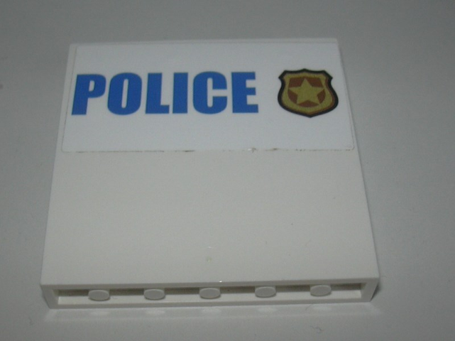 Lego Panel 1 x 6 x 5 with Blue 'POLICE' on White Background and Gold Police Badge Pattern (Sticker) - Set 60139 / White