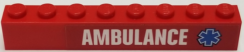 Lego Brick 1 x 8 with White 'AMBULANCE' and Blue Star Of Life Pattern Model Right Side (Sticker) - Set 60116 / Red