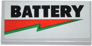 Lego Tile 2 x 4 with 'BATTERY' and Red and Green Lightning Bolt Pattern (Sticker) - Set 70809 / Light Bluish Gray